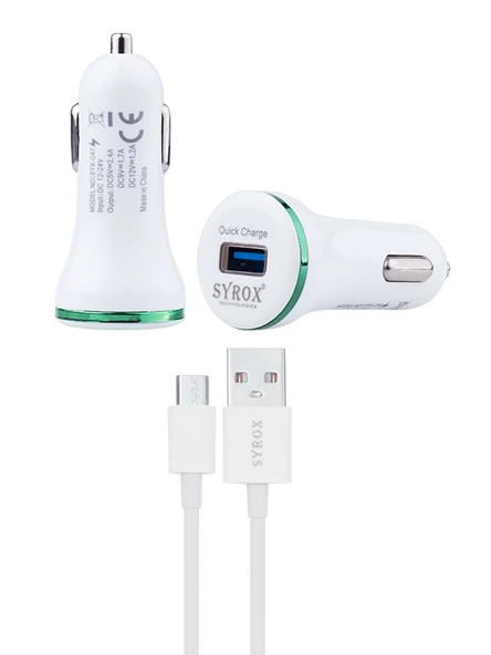 Syrox C47 Araç Şarj Aleti Micro USB Kablo Set 2.4A Beyaz - 2