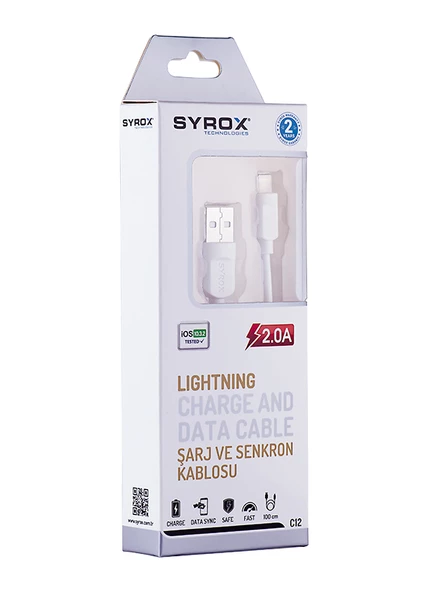 Syrox C12 Lightning USB Şarj ve Data Kablosu 2.0A 1.1mt Beyaz - 2