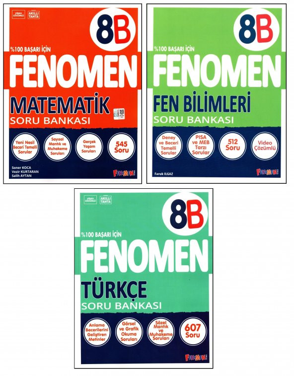 Fenomen 8. Sınıf LGS Matematik(B)+Fen(B)+Türkçe(B) Soru Bankası 3 Kitap