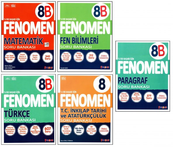 Fenomen 8. Sınıf LGS Matematik(B)+Fen(B)+Türkçe(B)+Paragraf(B)+İnkılap Tar.Soru Bankası 5 Kitap