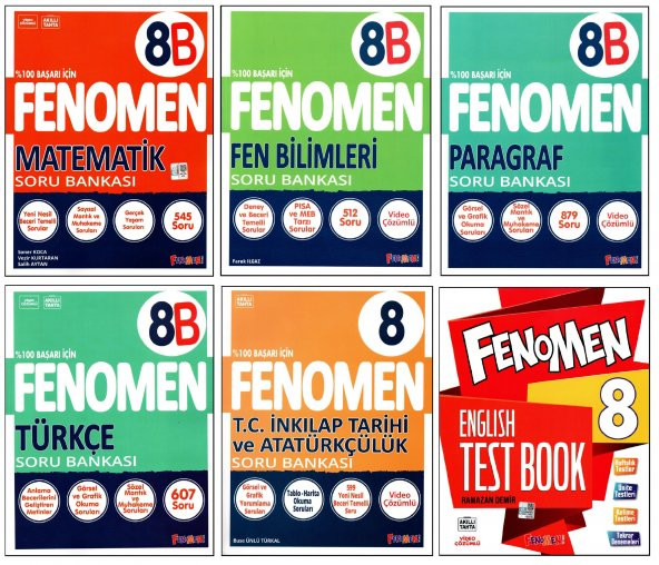 Fenomen 8. Sınıf LGS Matematik(B)+Fen(B)+Türkçe(B)+Paragraf(B)+İnkılap+İngilizce Seti 6 Kitap