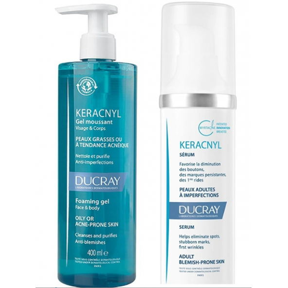 Ducray Keracnyl Yıkama Jeli 400 ml - Ducray Keracnyl Leke ve Kırışıklık Karşıtı Serum 30 ml