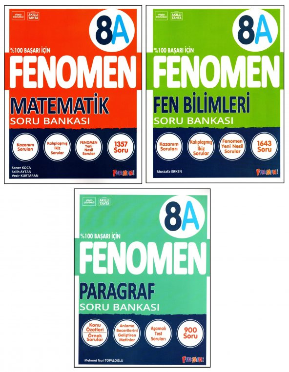 Fenomen 8. Sınıf LGS Matematik (A) + Fen Bilimleri (A) + Paragraf (A) Soru Bankası 3 Kitap