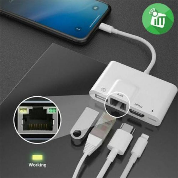 Polham Apple İpad ve İphone İçin Lightning 3in1 HDMI, RJ45 ve OTG Dönüştürücü Kablosu - 4
