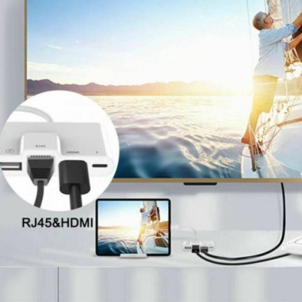 Polham Apple İpad ve İphone İçin Lightning 3in1 HDMI, RJ45 ve OTG Dönüştürücü Kablosu - 5