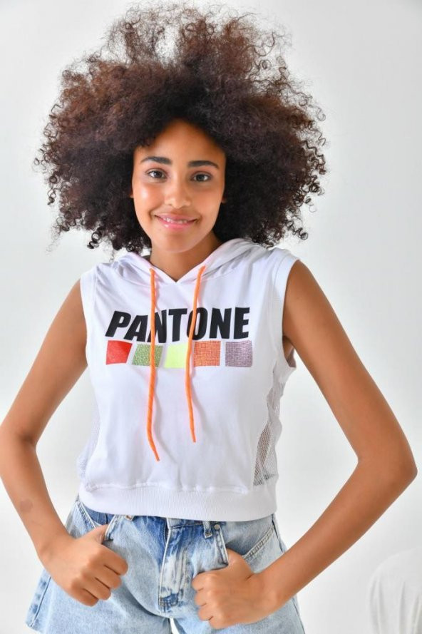 Kapüşonlu ve Baskılı Kolsuz Kadın Beyaz Sweatshirt - 2