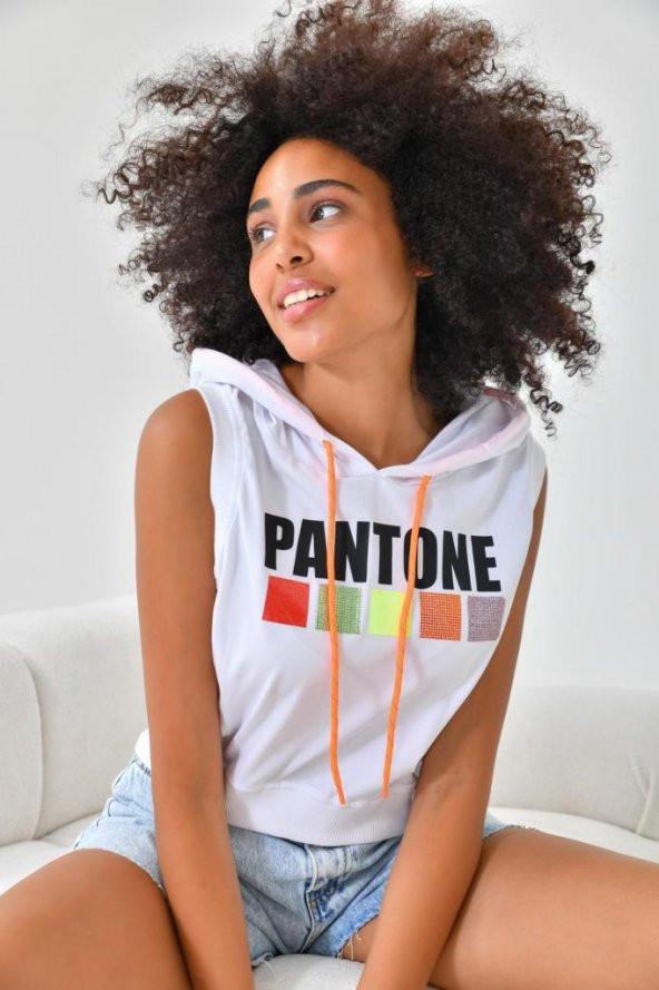 Kapüşonlu ve Baskılı Kolsuz Kadın Beyaz Sweatshirt - 3