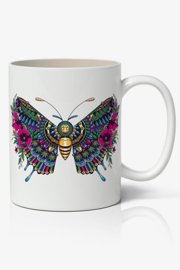 Yaşam Kelebeği Mandala Temalı Baskılı Kupa Bardak Baskılı Kahve Kupa Bardak