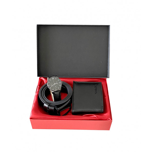 Erkek Siyah Kemer Cüzdan Saat Hediye Seti