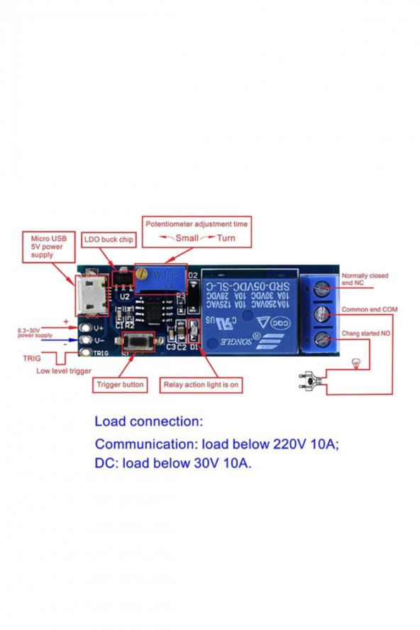5V-30V Micro Usb Zaman Gecikme Röle Modülü 0-24sn Potansiyometre - 8