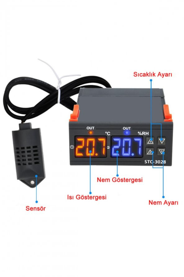 STC-3028 Isı Ve Nem Termostatı Çift Ekran 220V Isıtıcı Soğutucu