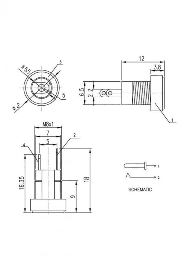 5.5mm x 2.1mm DC Güç Soketi Plastik Panel Montaj Tip Adaptör - 8