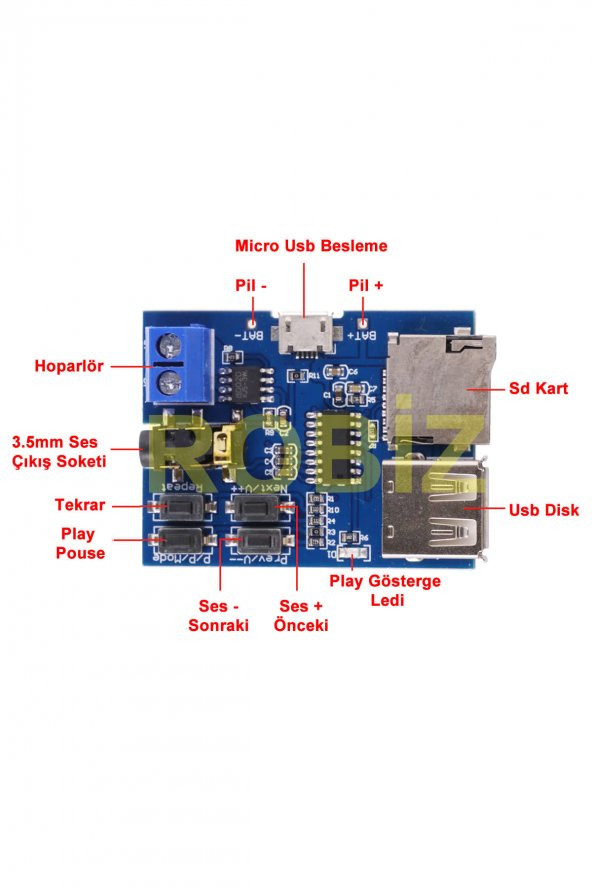 TFU MP3 Wav Ses Müzik Çalma Kartı  3W Amfi Micro SD Usb Flash Okuyucu 3.5mm Ses Soketi Buton Kontrol Micro Usb - Resim 8