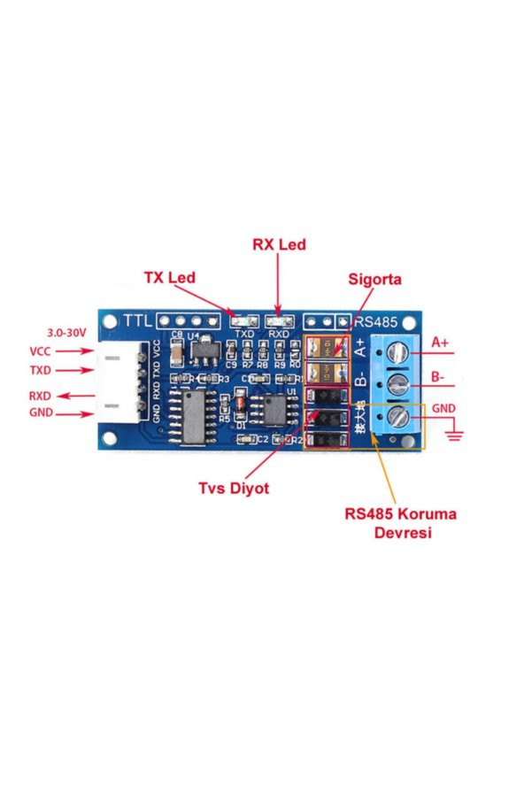 UART TTL to RS485 Modül Otomatik Yön Kontrol AFC  Giriş Çıkış Soketleri