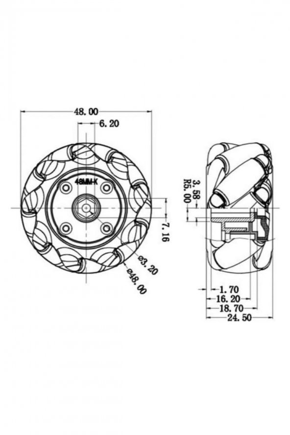 48mm Omni Mecanum Tekerlek Çifti 45 Derece Açılı 9 Roller 1:48 - 8
