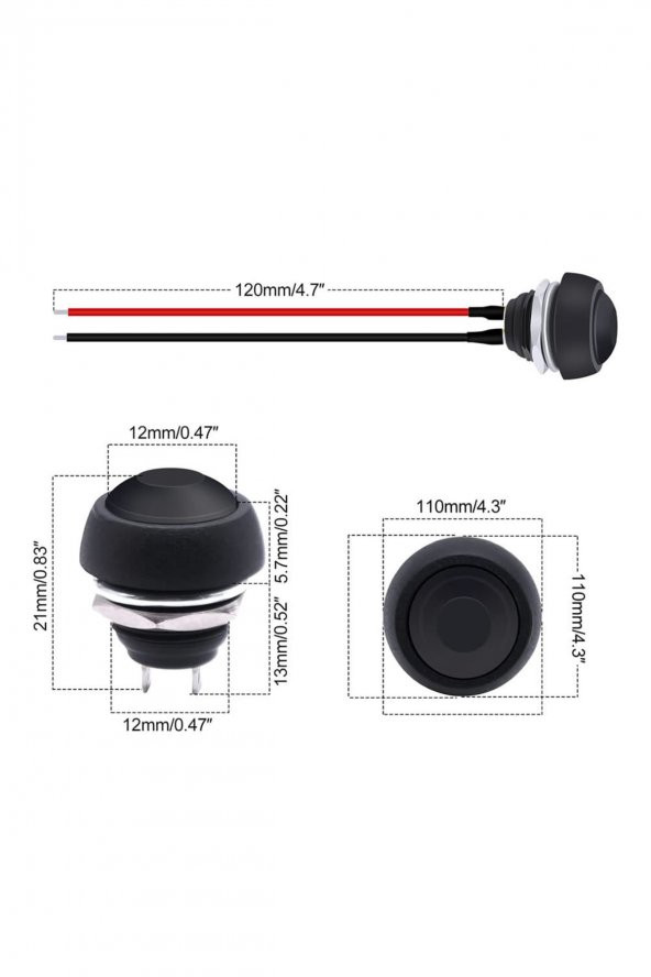 12mm PBS-33B 2 Pin Push Buton Siyah 20cm Kablolu  ON OFF 1A 250V Mini Yuvarlak Su Geçirmez Anahtar - 4