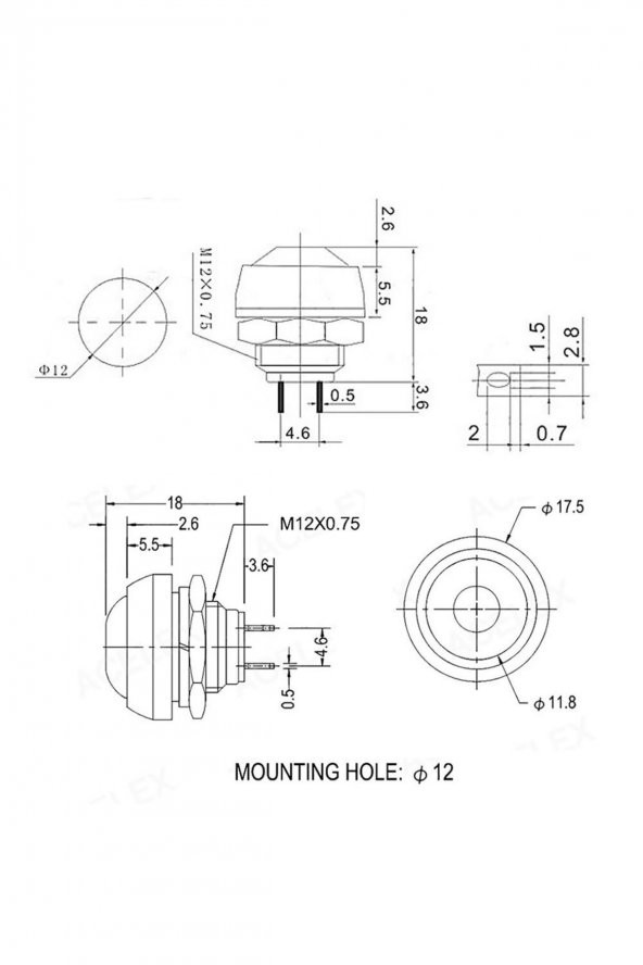 12mm PBS-33B 2 Pin Push Buton Siyah 20cm Kablolu  ON OFF 1A 250V Mini Yuvarlak Su Geçirmez Anahtar - 8