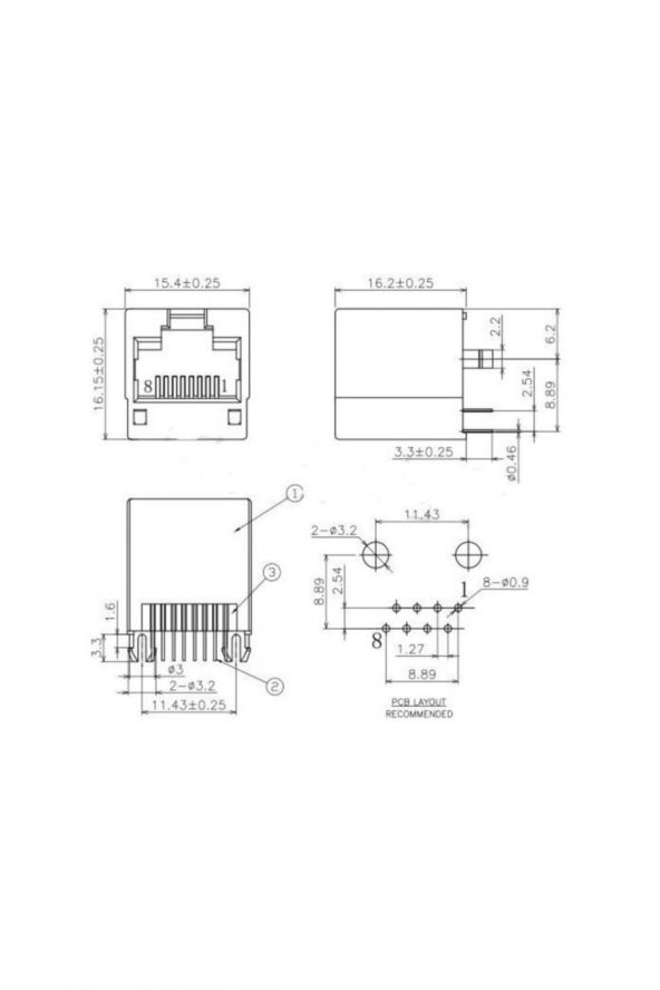 8P8C Plastik RJ45 Soket Ethernet Bağlantı Soketi 8 Pin Pcb Montaj - 8