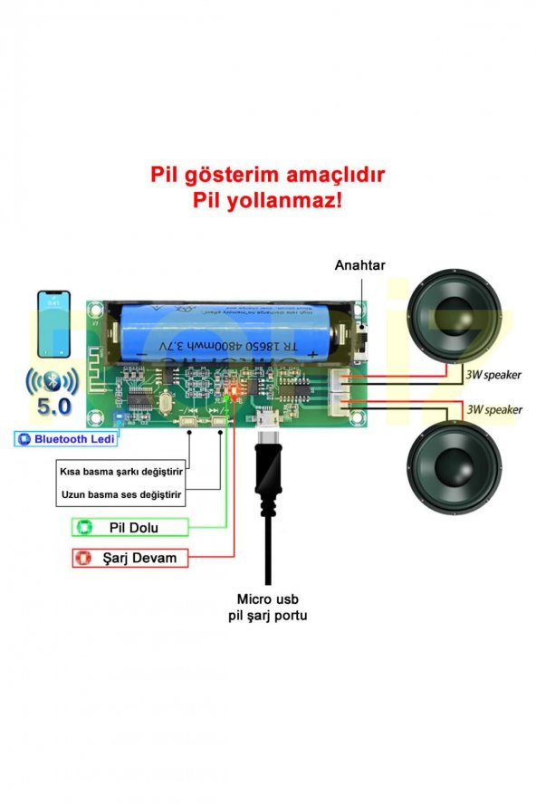 XH-A153 Bluetooth Mp3 Modül 18650 Lityum Pil Soketli  DC 5V  Pam8403 Stereo 3W+3W D Sınıf Amfi Ses - 2