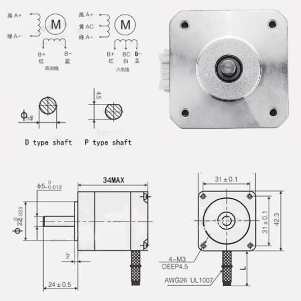 17HS3401 Nema 17 Step Motor 0.28N.m D Mil 2 Faz 1.3A 1.8 Derece 200 Adım Tork 3D Yazıcı Printer - 7