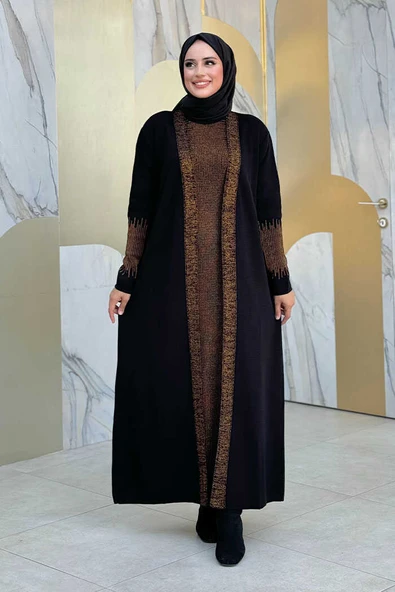 Belli Kısımları Simli Tam Boy Elbise Hırka 2li Triko Takım 22223 Gold-Siyah