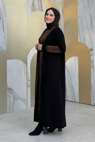 Belli Kısımları Simli Tam Boy Elbise Hırka 2li Triko Takım 22223 Gold-Siyah - 3