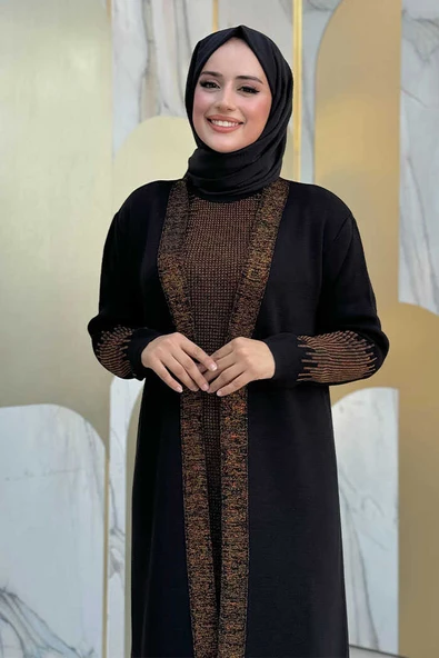 Belli Kısımları Simli Tam Boy Elbise Hırka 2li Triko Takım 22223 Gold-Siyah - 4