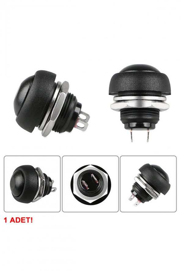 12mm PBS-33B 2 Pin Push Buton Siyah  ON OFF 1A 250V Mini Yuvarlak Su Geçirmez Anahtar Momentary - 6