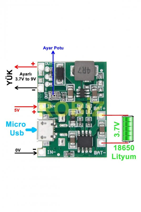 TP4056 18650 Lityum Pil Şarj Micro Usb Ayarlı Voltaj Yükseltici 3-7V to 27V Boost Step Up Lion Akü