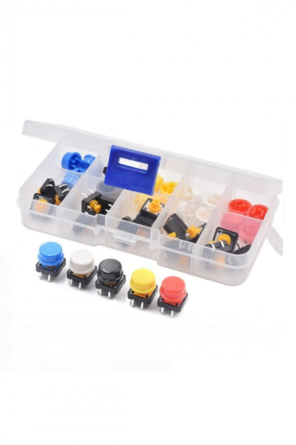 Kutulu 12x12mm 25 Adet Başlıklı Tact Buton Set  4 Pin 5 Renk Dokunmatik Anlık Basmalı Düğme