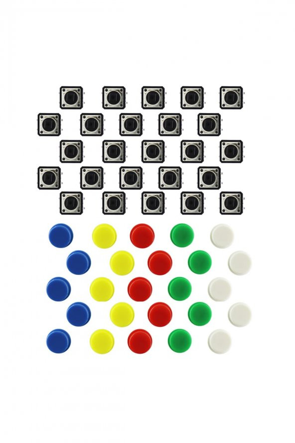 Kutulu 12x12mm 25 Adet Başlıklı Tact Buton Set  4 Pin 5 Renk Dokunmatik Anlık Basmalı Düğme - 6