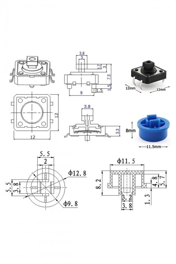 Kutulu 12x12mm 25 Adet Başlıklı Tact Buton Set  4 Pin 5 Renk Dokunmatik Anlık Basmalı Düğme - 8