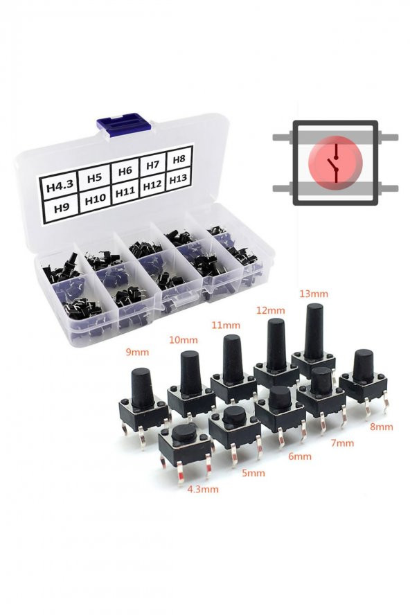 200 Adet 6x6mm Tact Buton Set 10 Farklı Yükseklikte 4 Pin Dokunmatik Anlık Basmalı Düğme Anahtar