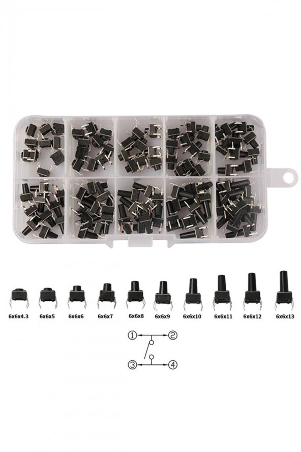 200 Adet 6x6mm Tact Buton Set 10 Farklı Yükseklikte 4 Pin Dokunmatik Anlık Basmalı Düğme Anahtar - Resim 2