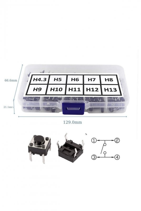 200 Adet 6x6mm Tact Buton Set 10 Farklı Yükseklikte 4 Pin Dokunmatik Anlık Basmalı Düğme Anahtar - Resim 5