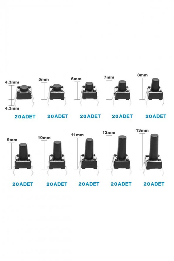 200 Adet 6x6mm Tact Buton Set 10 Farklı Yükseklikte 4 Pin Dokunmatik Anlık Basmalı Düğme Anahtar - Resim 7