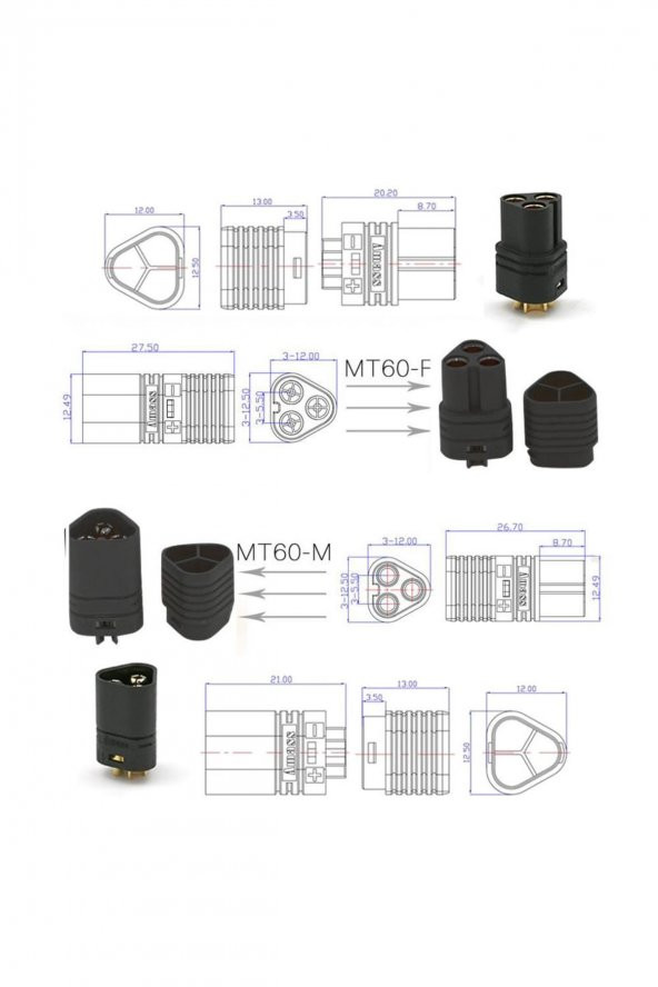 MT60 3 Pin Dişi Erkek Konnektör Soket Çift  Amass 3.5mm 12Awg RC Esc Motor Drone Lityum LiP - 8