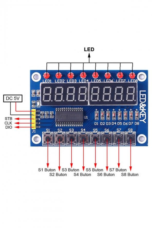 TM1638 Modül 8 Hane 7 Segment Ekran 8x Kırmızı Led 8x Kullanıcı Butonu Dijital Display Gösterge - 4