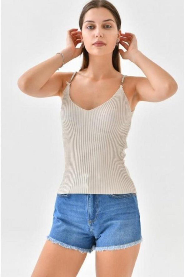Askılı Sim Detaylı Bej Kadın Triko Crop Top