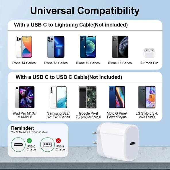 Apple Iphone Tüm Serilerle Uyumlu Hızlı Şarj Aleti Kablo Adaptör 5 6 7 8 X 11 12 13 14 Pro Max Plus (20W Type-C Çıkışlı) - PD20L - 6