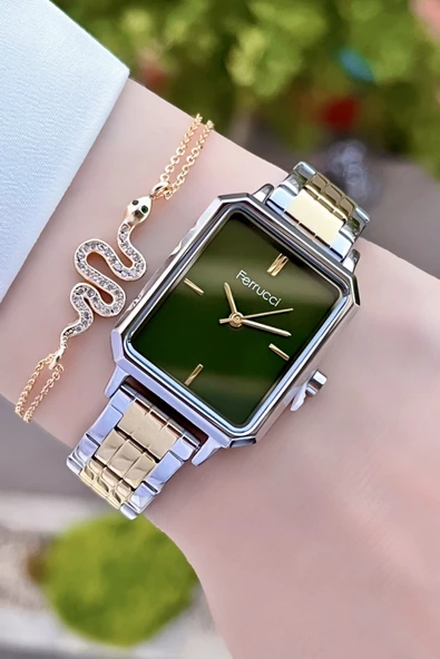 Ferrucci FCISTE140 Kadranı Yeşil Gold Gümüş Renk 2 Yıl Garantili Kadın Kol Saati ve Bileklik - Resim 2