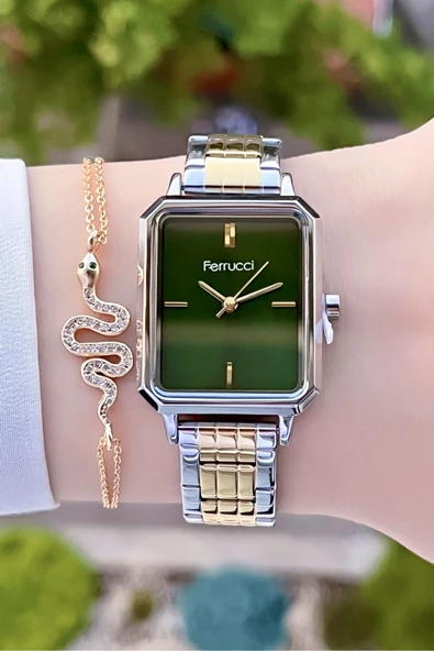 Ferrucci FCISTE140 Kadranı Yeşil Gold Gümüş Renk 2 Yıl Garantili Kadın Kol Saati ve Bileklik - Resim 3