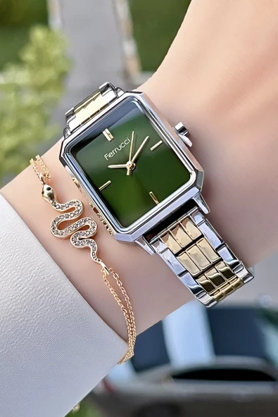 Ferrucci FCISTE140 Kadranı Yeşil Gold Gümüş Renk 2 Yıl Garantili Kadın Kol Saati ve Bileklik ürün görseli 1