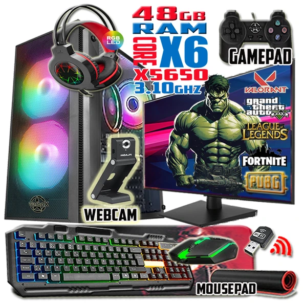 WarboX Hulk Xeon X5650 3.10ghz 48gb Ram 512gb Ssd R7 240-4gb E.kartı 24" Monitör Gaming Bilgisayar