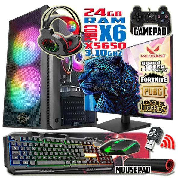 WarboX PARS Xeon X5650 24gb Ram 256gb SSD 250gb HDD R7 240-4gb E.kartı 22" Monitör Gaming Bilgisayar
