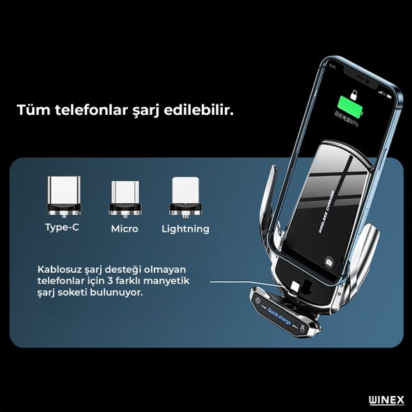 Winex Q9 15W Sensörlü Araç İçi Kablosuz Hızlı Şarj Aleti ve Telefon Tutucu - 3