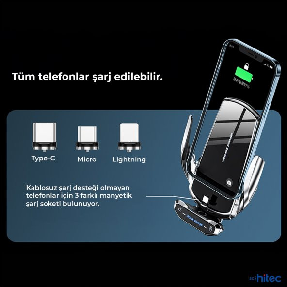 ScHitec Q9 15W Sensörlü Araç İçi Kablosuz Hızlı Şarj Aleti ve Telefon Tutucu - 4