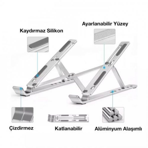 Coofbe Alüminyum 6 Farklı Yükseklik Ayarlı Taşınabilir Laptop Standı Tablet Notebook Standı Kaymaz Pad - 7