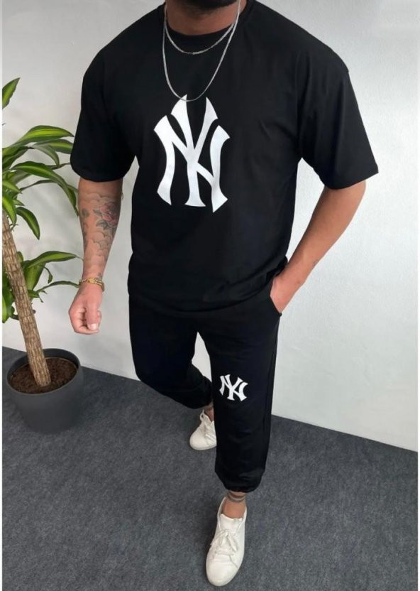 NO 601   Erkek Siyah NY Baskılı Oversize BOL KALIP Tshirt + Siyah Yazlık İnce  Eşofman Altı NY Takım