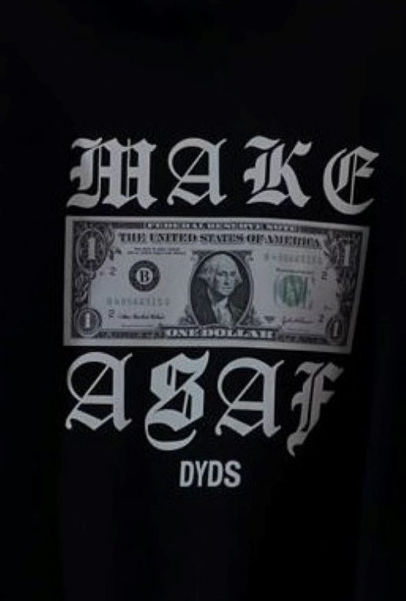 NO 601  GENİŞ KALIP UNİSEX  SİYAH TSHİRT DOLAR MAKE ASAF  BASKILI OVERSİZE TSHİRT - 2